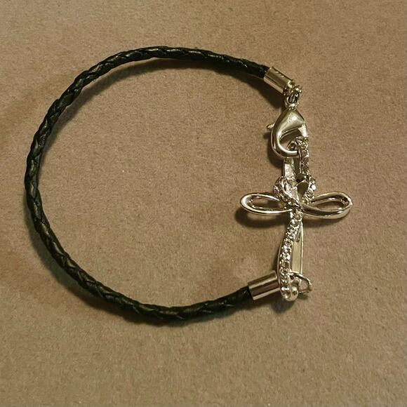 Unbranded Jewelry - ‘Live by Faith’ Silver Tone Cross Black Leather Braided Cord Bracelet